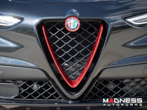 Alfa Romeo Stelvio Front V Shield Grill Frame + Emblem Frame Kit - Carbon Fiber - QV Model - Red Candy
